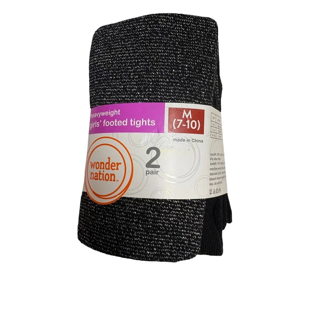 Wonder Nation Girls Heavyweight Footed Tights 2 Pack Black Silver Size M‎ 7-10
